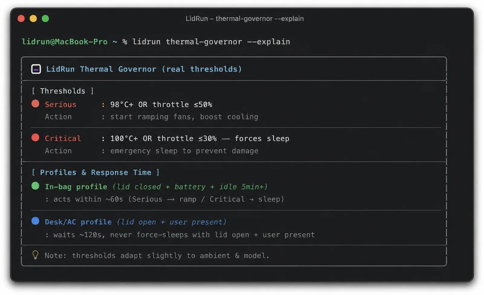 Fact box listing LidRun's closed-lid thermal governor thresholds and response timing in serious versus critical conditions