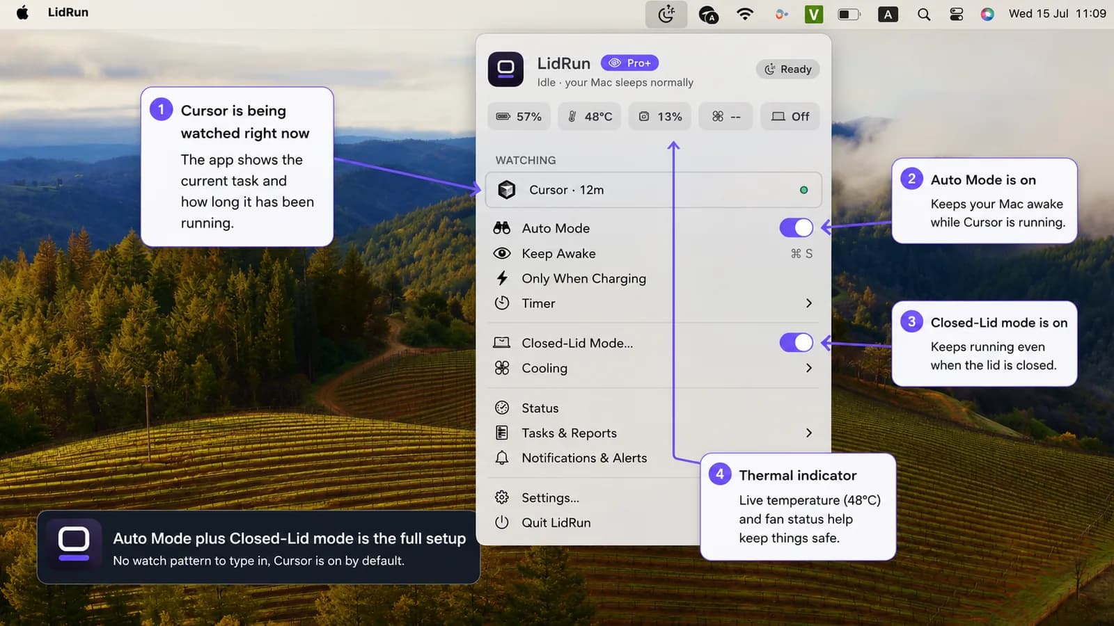 Annotated LidRun menu bar showing Auto Mode on, Closed-Lid mode, a Cursor task being watched, and the live thermal indicator