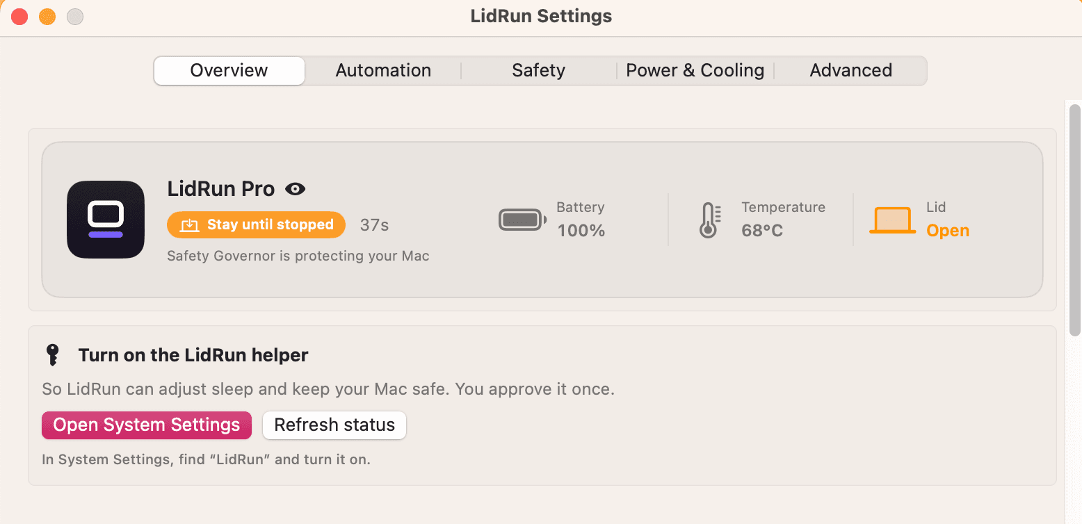 L'onglet Overview, avec « Turn on the LidRun helper » prêt à être cliqué.