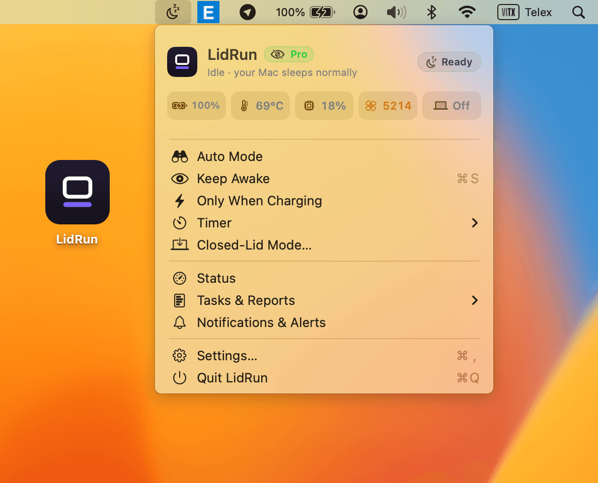 The menu bar dropdown, with Keep Awake ready to select.