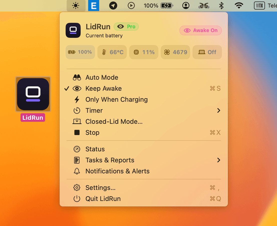 The dropdown after Keep Awake is on — the icon and status both change.
