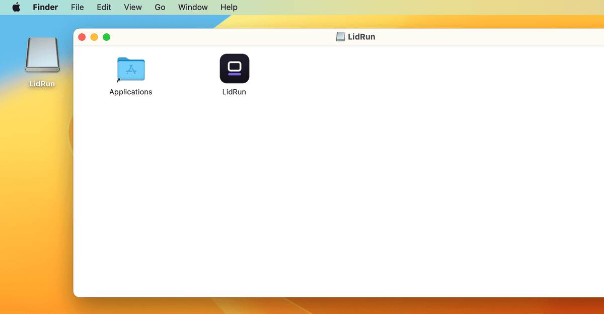 Drag LidRun onto the Applications shortcut to install it.