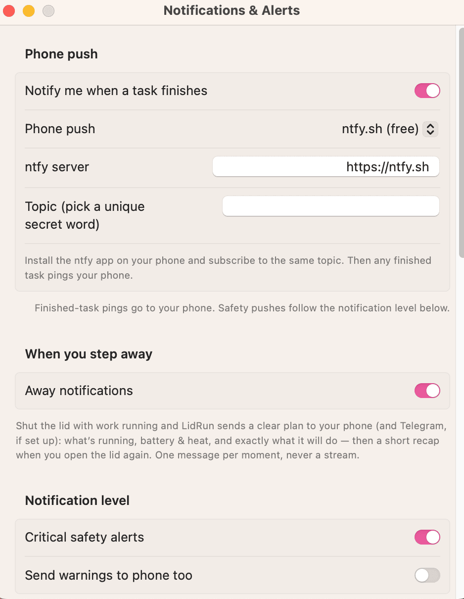 Régler Phone push sur ntfy.sh et choisir un nom de sujet.