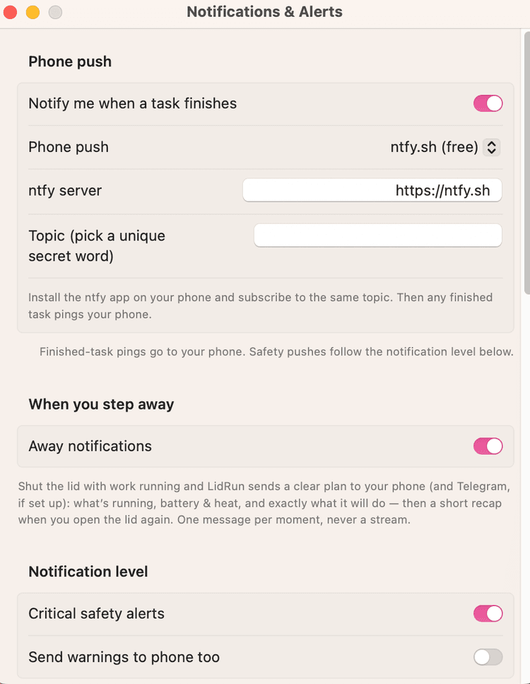Setting Phone push to ntfy.sh and picking a topic name.