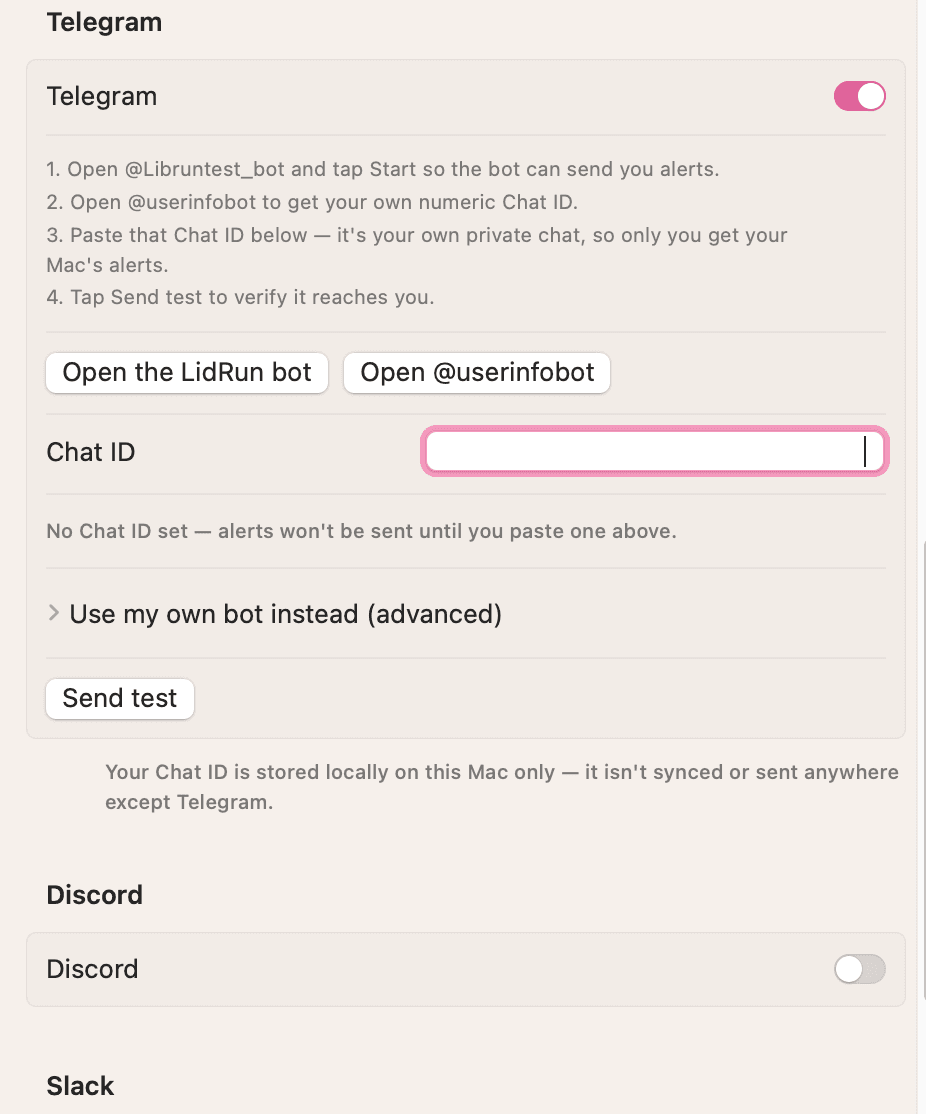 Configurer le bot Telegram et le Chat ID.