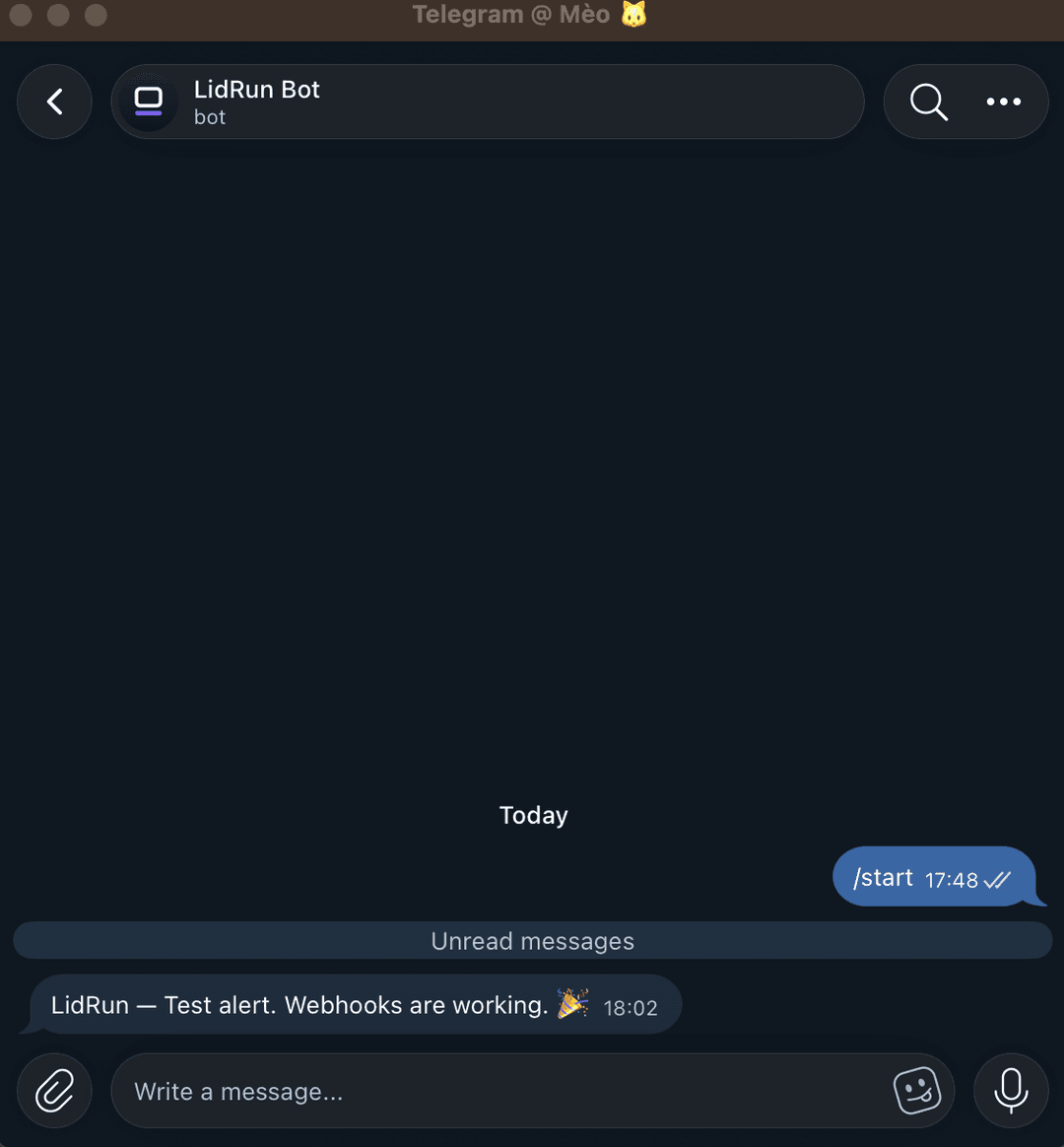 A test alert arriving in Telegram — "Webhooks are working."