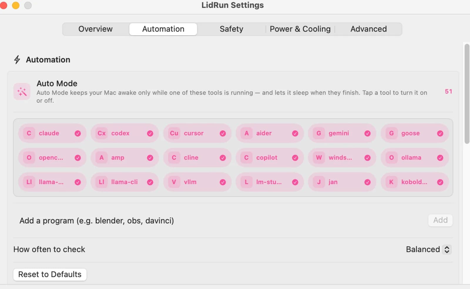 LidRun Settings Automation tab showing a watched process pattern LidRun Settings Automation tab showing a watched process pattern, CPU threshold, and idle holdoff configuration