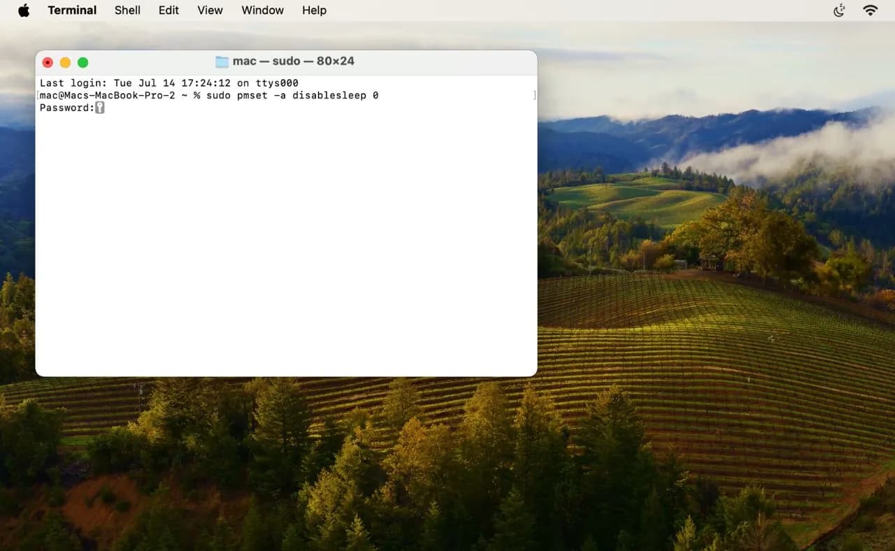 Terminal screenshot showing the sudo pmset -a disablesleep 1 Terminal screenshot showing the sudo pmset -a disablesleep 1 and disablesleep 0 commands with annotations