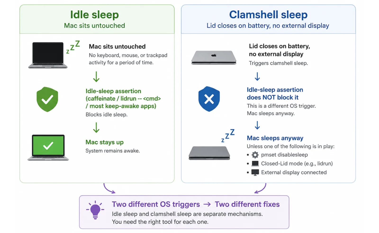 Diagram comparing idle sleep and clamshell (lid-close) sleep on a MacBook Diagram comparing idle sleep and clamshell (lid-close) sleep on a MacBook and what actually stops each one