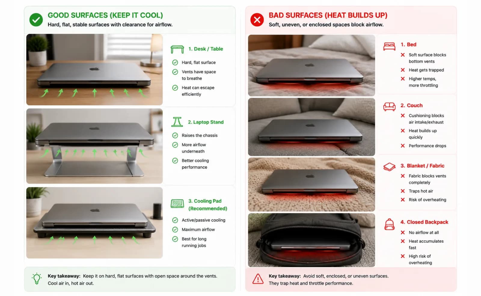 Good versus bad surfaces for running a MacBook with the lid closed — desk Good versus bad surfaces for running a MacBook with the lid closed — desk and laptop stand versus bed, couch, and bag