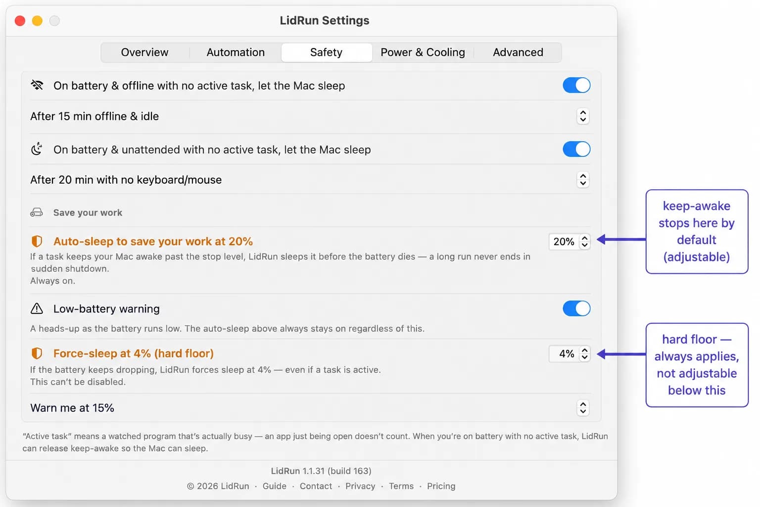 LidRun Settings screen showing the 20% battery auto-stop threshold LidRun Settings screen showing the 20% battery auto-stop threshold and the 4% hard force-sleep floor that always applies regardless of settings