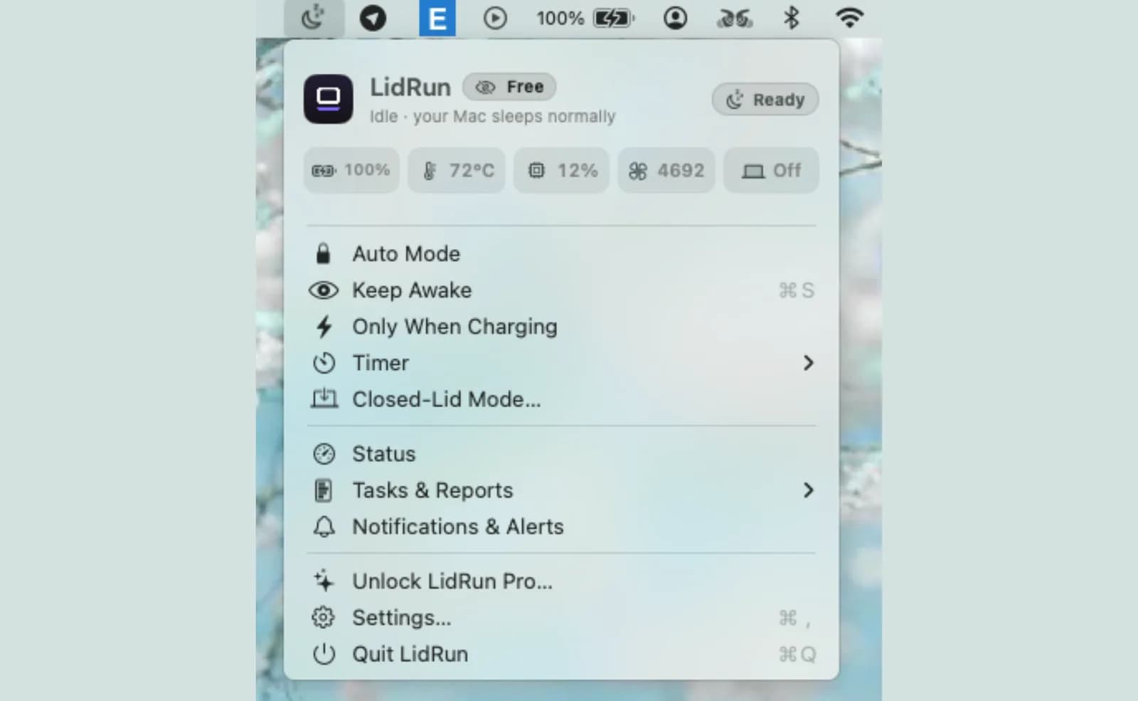 LidRun Closed-Lid Mode dialog showing duration options LidRun Closed-Lid Mode dialog showing duration options and Smart versus Keep-awake behavior