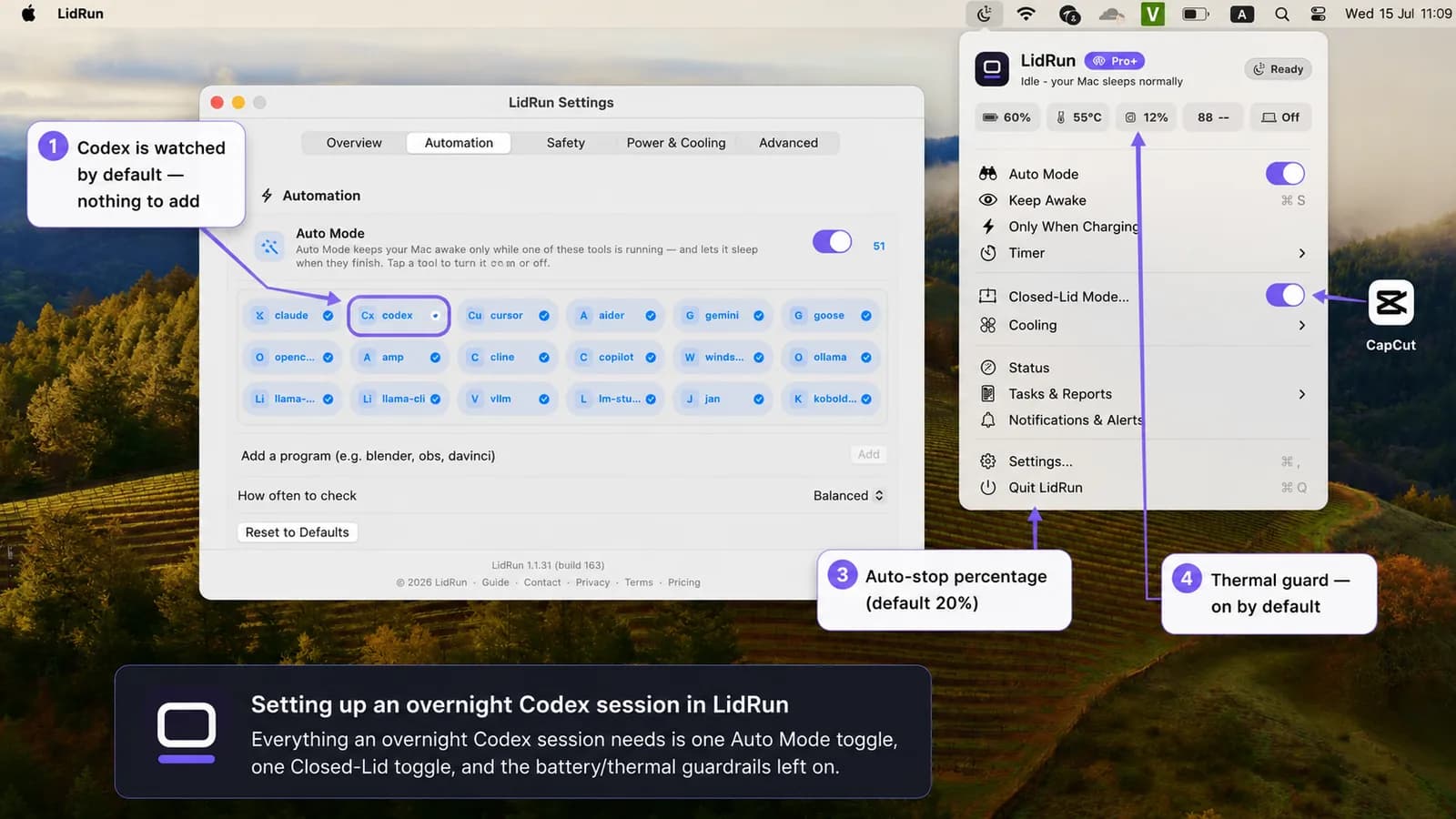 LidRun settings screenshot showing Auto Mode with Codex in the watch list Annotated LidRun settings screenshot showing Auto Mode with Codex in the watch list, the Closed-Lid toggle, battery auto-stop percentage, and the thermal guard toggle for an overnight session