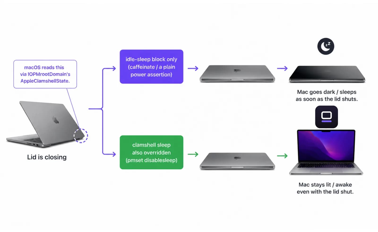 Idle sleep vs clamshell sleep on a MacBook Diagram showing idle sleep versus clamshell sleep on a MacBook and why blocking idle sleep alone does not stop the Mac from sleeping when the lid closes