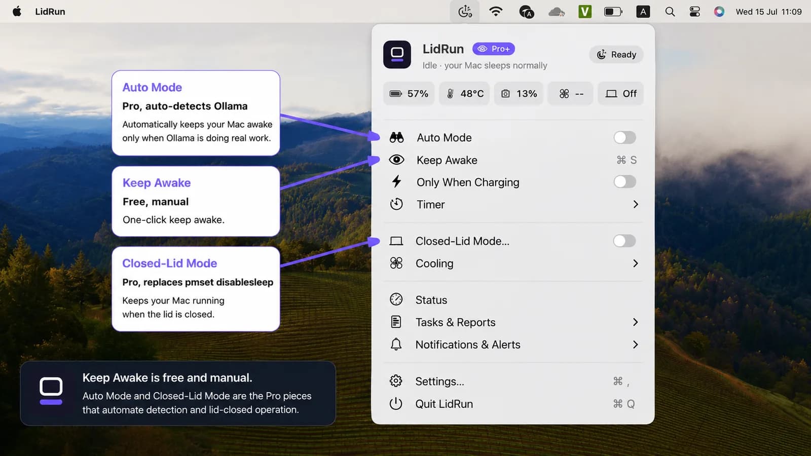 LidRun menu bar dropdown with Keep Awake, Auto Mode LidRun menu bar dropdown with Keep Awake, Auto Mode, and Closed-Lid Mode toggles labeled.