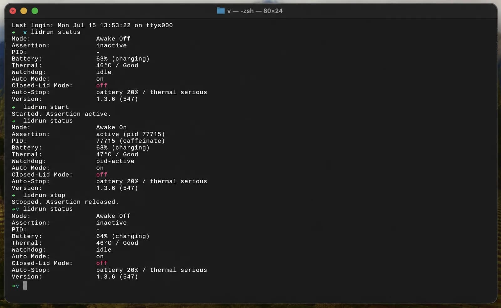 Terminal transcript showing lidrun status before and after lidrun start Terminal transcript showing lidrun status before and after lidrun start and stop, with Mode, Assertion, Battery, and Thermal fields visible