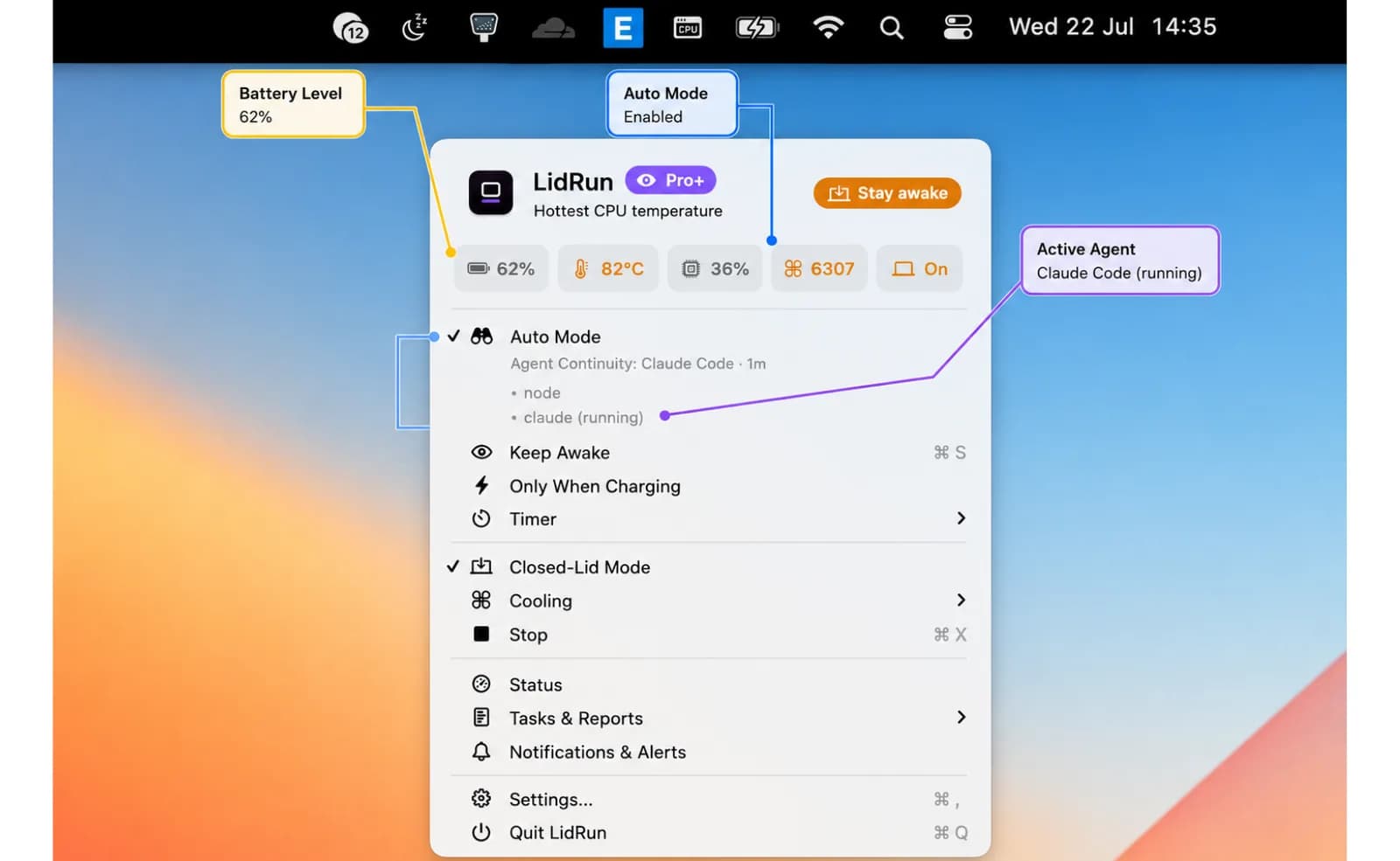 LidRun status window showing an active Claude Code session, Auto Mode on LidRun status window showing an active Claude Code session, Auto Mode on, thermal state, and battery percentage