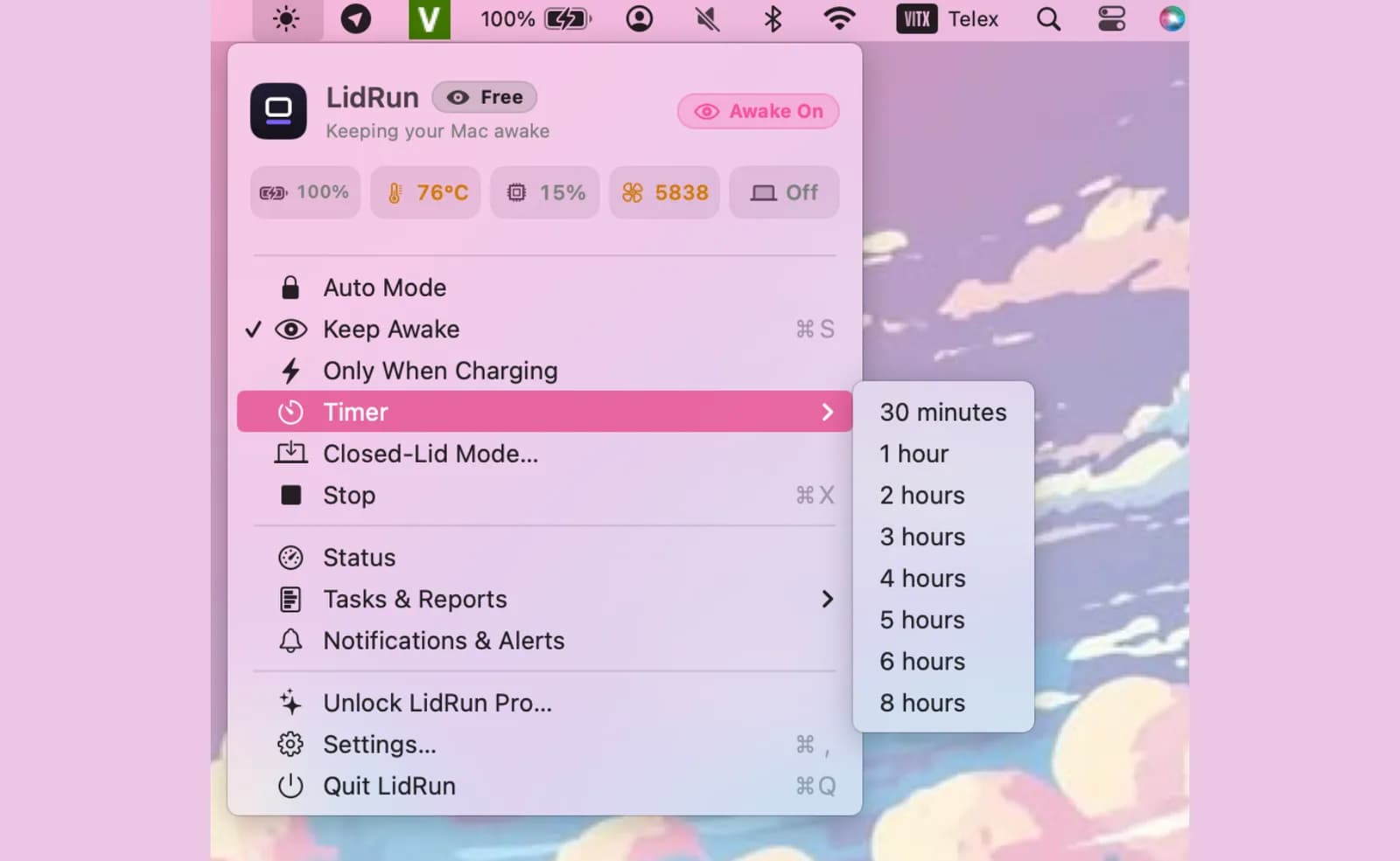 LidRun's Closed-Lid confirmation dialog with the session length picker LidRun's Closed-Lid confirmation dialog with the session length picker and Smart versus Keep-awake mode highlighted