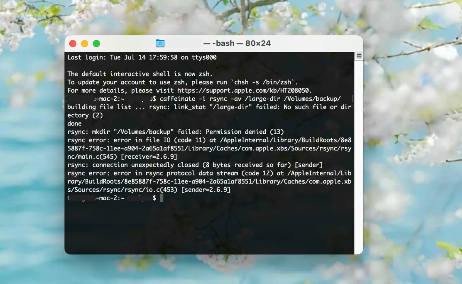 Terminal window running caffeinate -i in front of an active rsync transfer Terminal window running caffeinate -i in front of an active rsync transfer, with the -i flag annotated