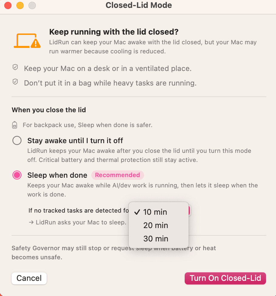 A janela do Closed-Lid Mode — Sleep when done é o padrão recomendado.