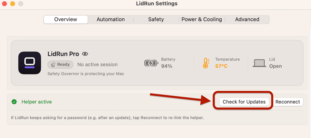 The Check for Updates button in the Overview tab.